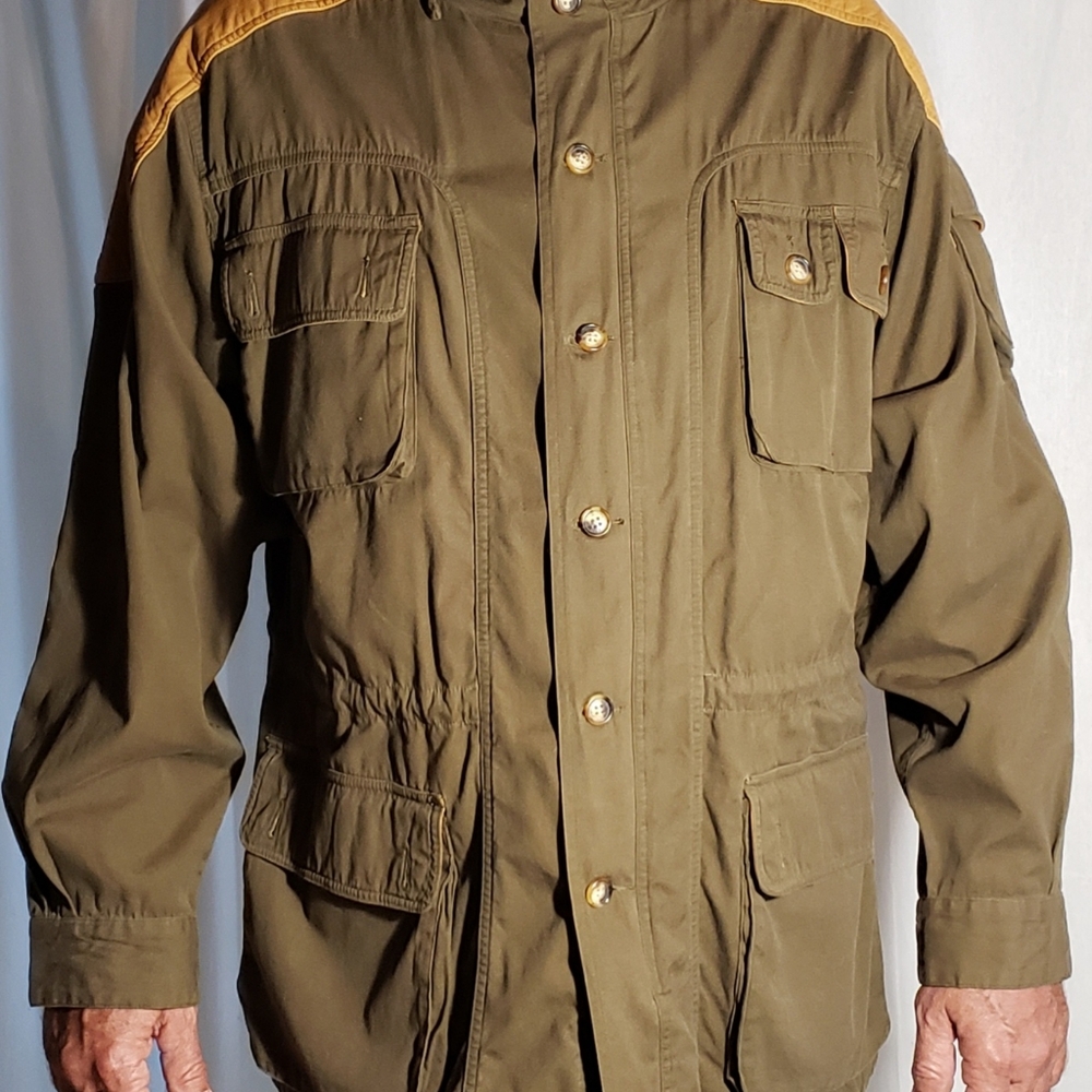 Orvis Dark Brown Mens Field Hunting Jacket Outdoorsman Faux Leather Accents